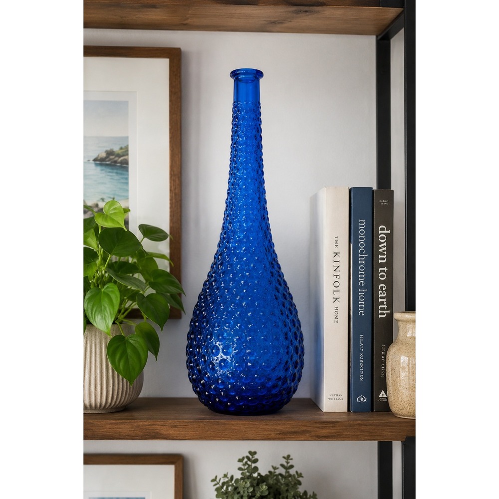 Vintage Italian Cobalt Blue Hobnail Art Glass Bottle Vase Genie Bottle 15"